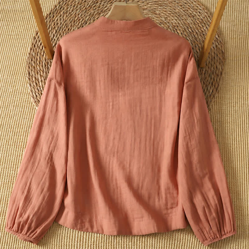Buddha Stones Spring Summer Vintage Tang Style Frog Button Solid Cotton Linen Women's Long Sleeve Shirts - image 2