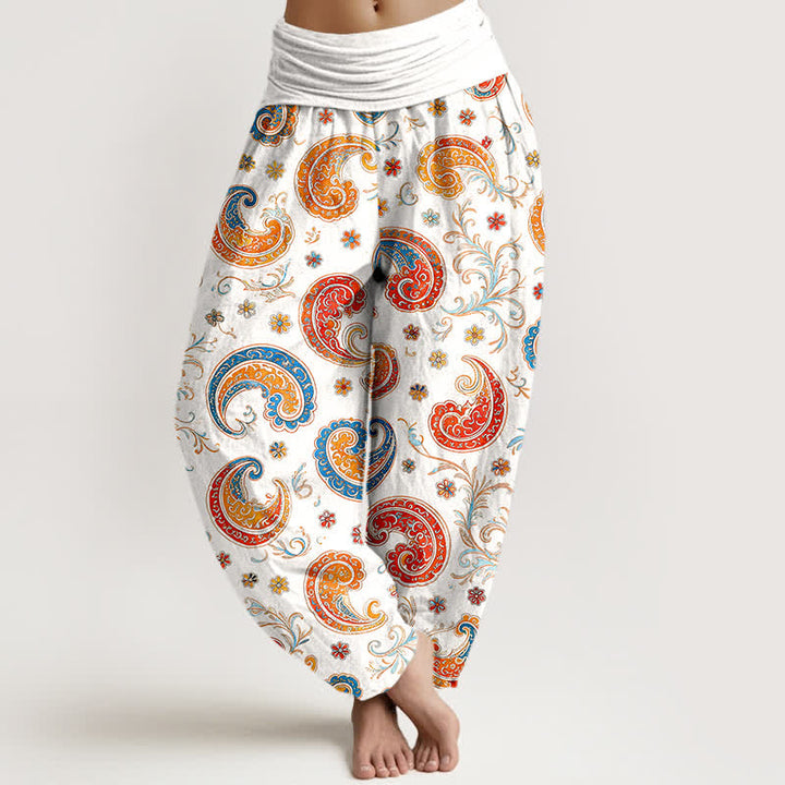 Buddha Stones Cotton Exotic Paisley Motif Pattern Women's Elastic Waist Harem Pants - White - US16，UK/AU20，EU48 (3XL) - image 5