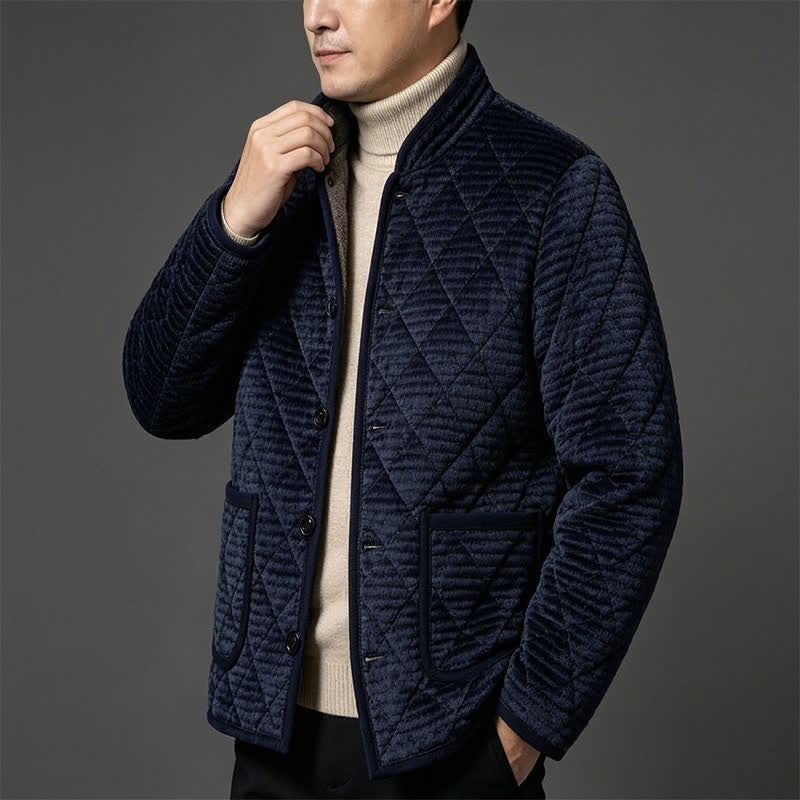 Buddha Stones Fall Winter Basic Classic Rhombus Tang Style Mandarin Collar Solid Corduroy Men's Jacket With Pockets - image 3