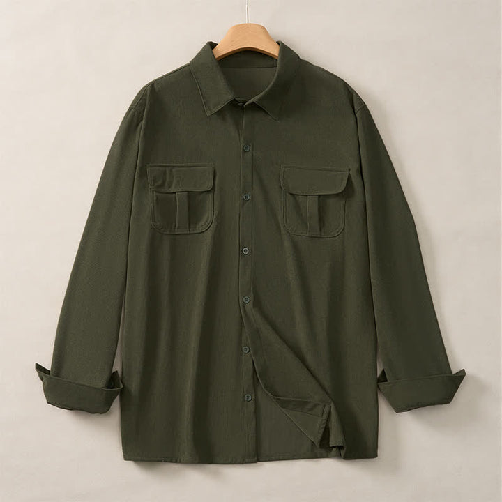 Buddha Stones Spring Casual Simple Solid Corduroy Men's Long Sleeve Shirts With Patch Pockets - image 10
