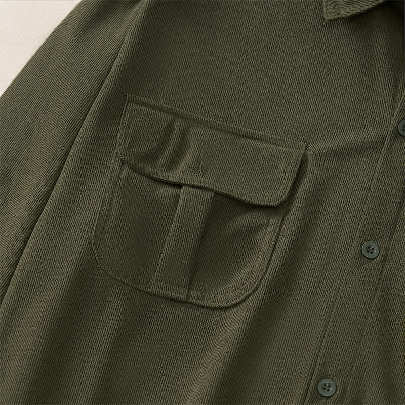 Buddha Stones Spring Casual Simple Solid Corduroy Men's Long Sleeve Shirts With Patch Pockets - image 13