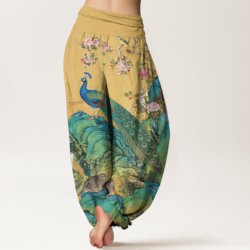 Buddha Stones Cotton Scenic Peacock Flower Pattern Women's Elastic Waist Harem Pants - image 1