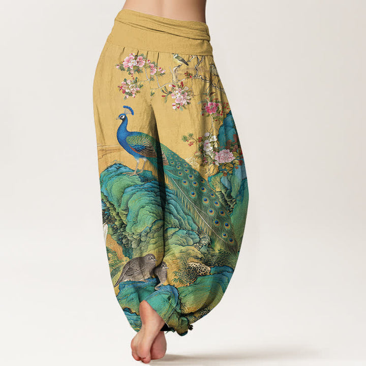 Buddha Stones Cotton Scenic Peacock Flower Pattern Women's Elastic Waist Harem Pants - image 1