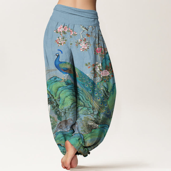 Buddha Stones Cotton Scenic Peacock Flower Pattern Women's Elastic Waist Harem Pants - image 6
