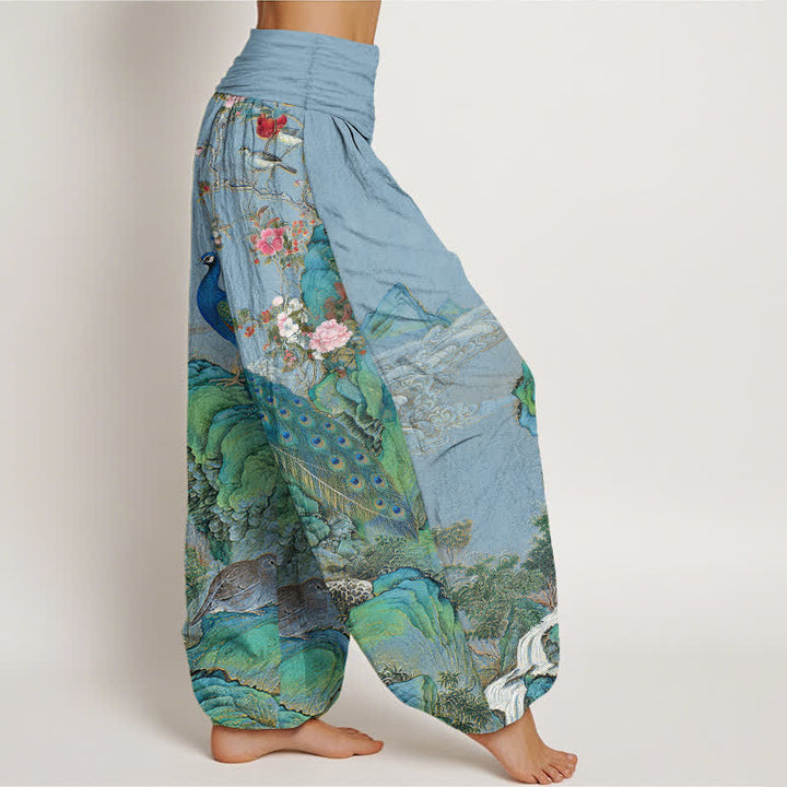 Buddha Stones Cotton Scenic Peacock Flower Pattern Women's Elastic Waist Harem Pants - image 7