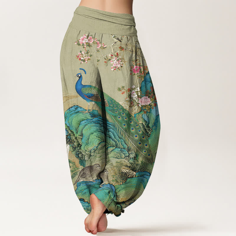 Buddha Stones Cotton Scenic Peacock Flower Pattern Women's Elastic Waist Harem Pants - image 9