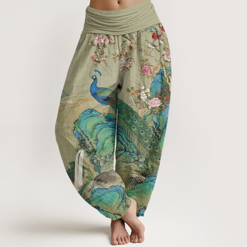 Buddha Stones Cotton Scenic Peacock Flower Pattern Women's Elastic Waist Harem Pants - DarkKhaki - US16，UK/AU20，EU48 (3XL) - image 8