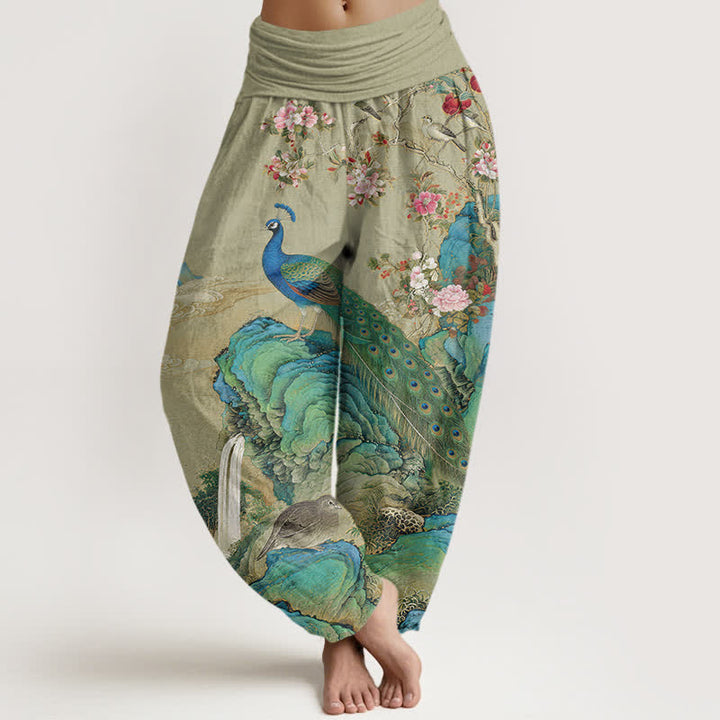Buddha Stones Cotton Scenic Peacock Flower Pattern Women's Elastic Waist Harem Pants - DarkKhaki - US16，UK/AU20，EU48 (3XL) - image 8