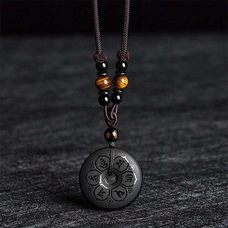 Buddha Stones Black Obsidian Peace Buckle Protection Engraved Braided Necklace - image 2