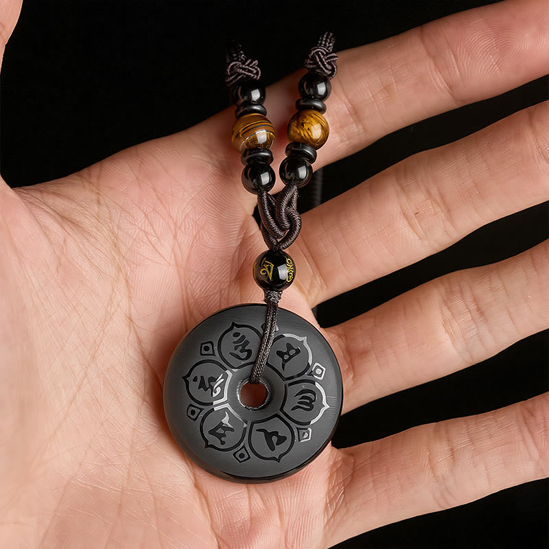 Buddha Stones Black Obsidian Peace Buckle Protection Engraved Braided Necklace - image 7