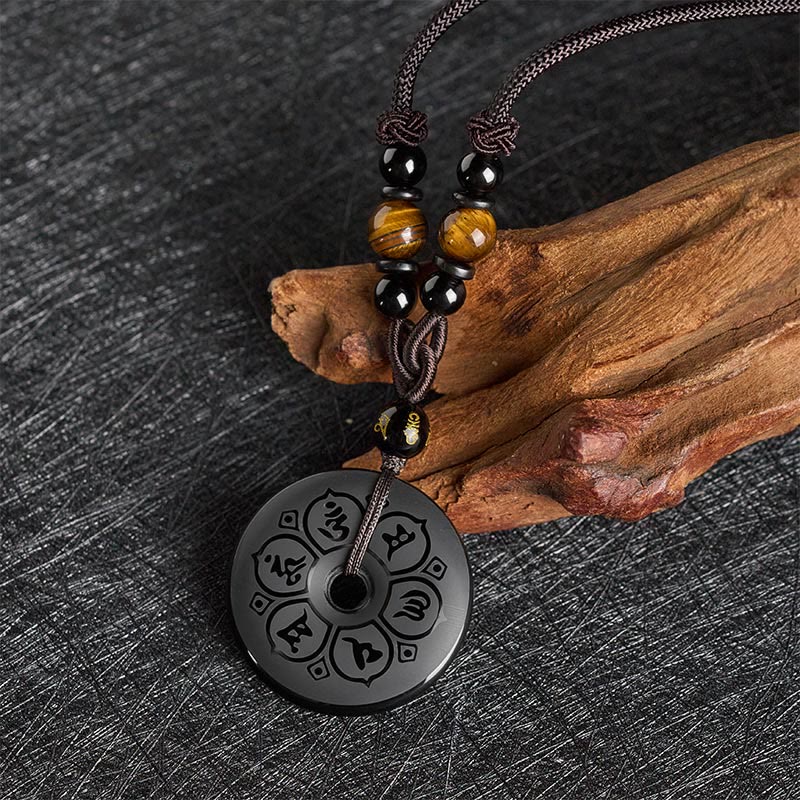 Buddha Stones Black Obsidian Peace Buckle Protection Engraved Braided Necklace - image 1