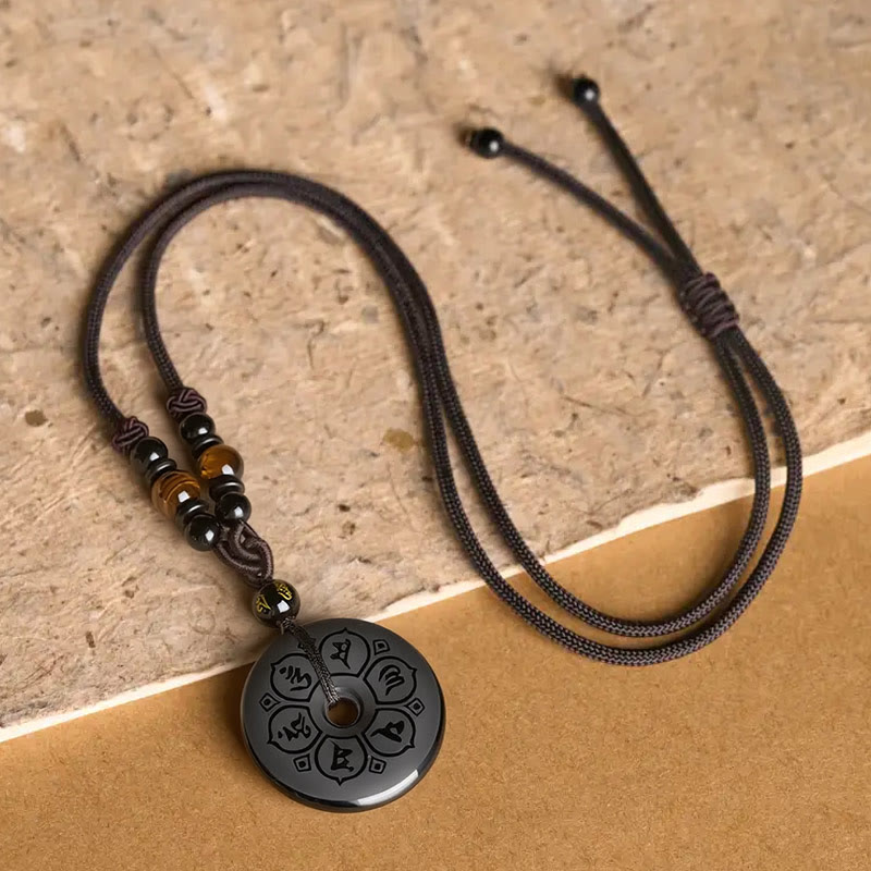 Buddha Stones Black Obsidian Peace Buckle Protection Engraved Braided Necklace - image 3