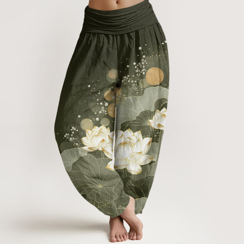 Buddha Stones Cotton Oriental Lotus Leaf Pattern Women's Elastic Waist Harem Pants - DarkOliveGreen - US16，UK/AU20，EU48 (3XL) - image 5