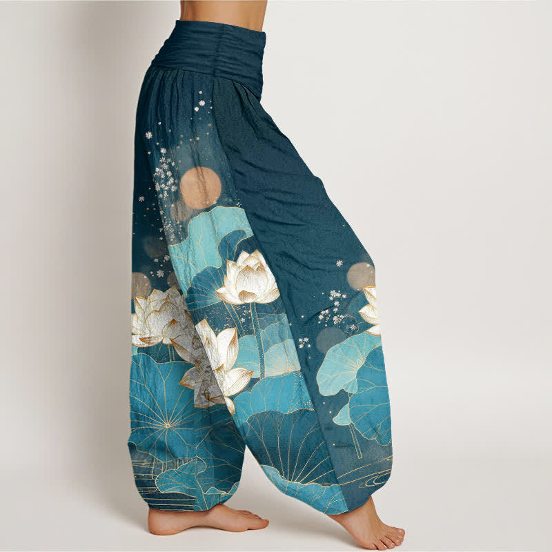 Buddha Stones Cotton Oriental Lotus Leaf Pattern Women's Elastic Waist Harem Pants - image 10
