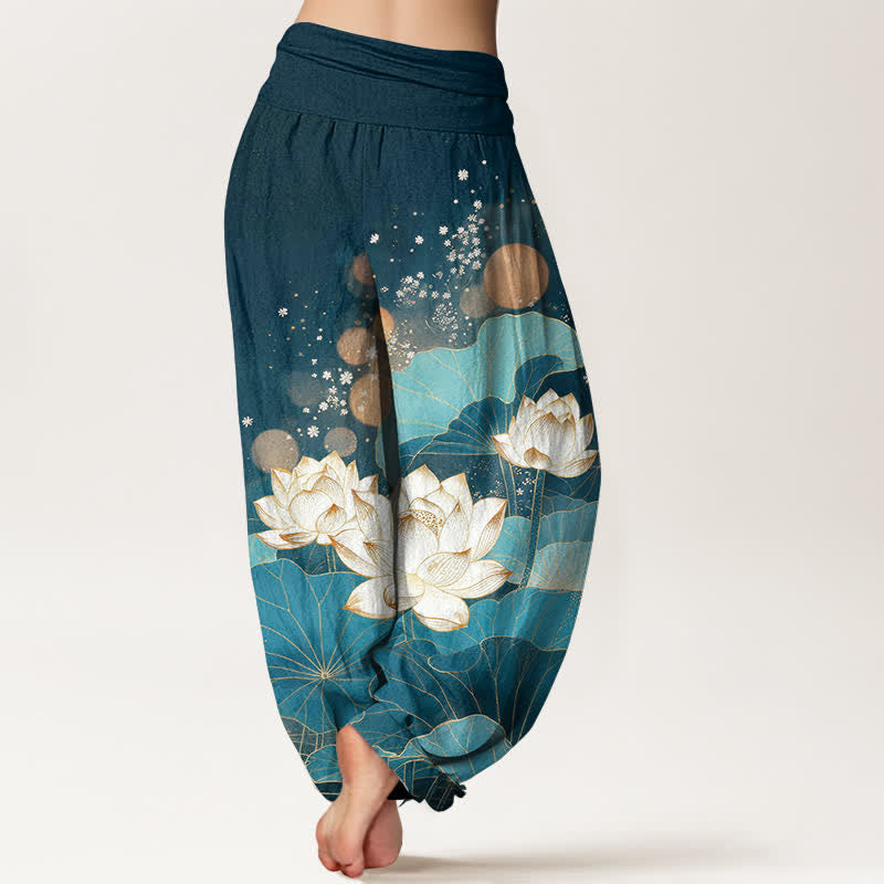 Buddha Stones Cotton Oriental Lotus Leaf Pattern Women's Elastic Waist Harem Pants - image 9