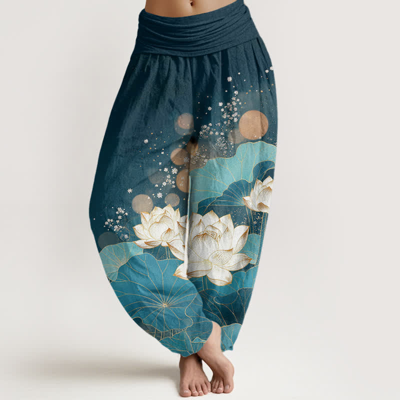 Buddha Stones Cotton Oriental Lotus Leaf Pattern Women's Elastic Waist Harem Pants - Teal - US16，UK/AU20，EU48 (3XL) - image 8