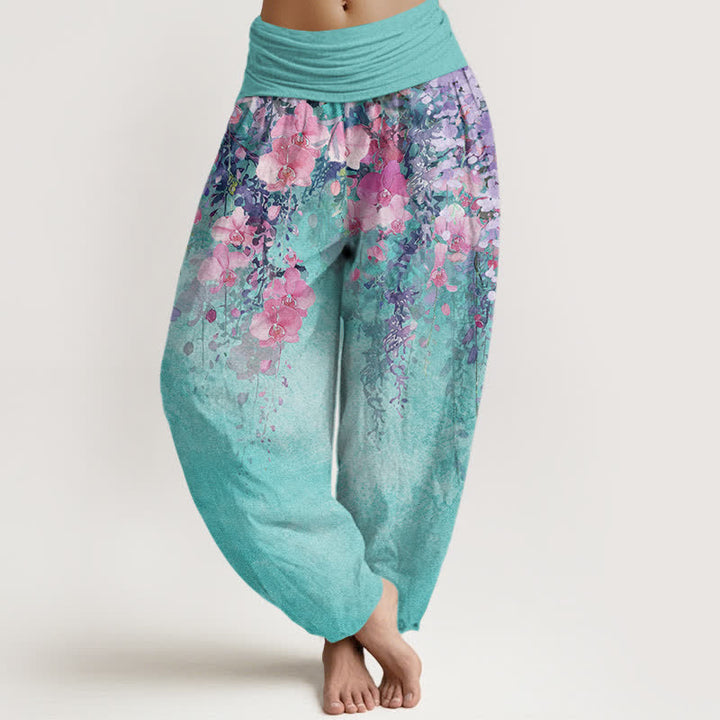 Buddha Stones Cotton Artistic Garden Bloom Pattern Women's Elastic Waist Harem Pants - MediumTurquoise - US16，UK/AU20，EU48 (3XL) - image 0