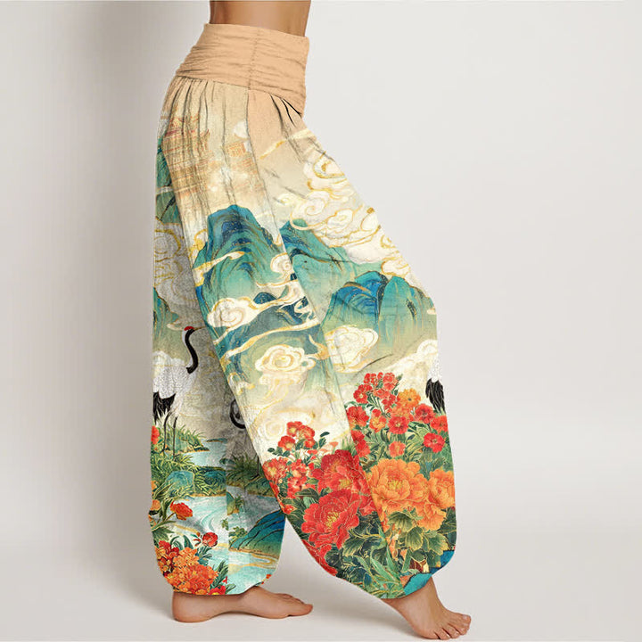 Buddha Stones Cotton Crane Stream Flower Pattern Women's Elastic Waist Harem Pants - image 2