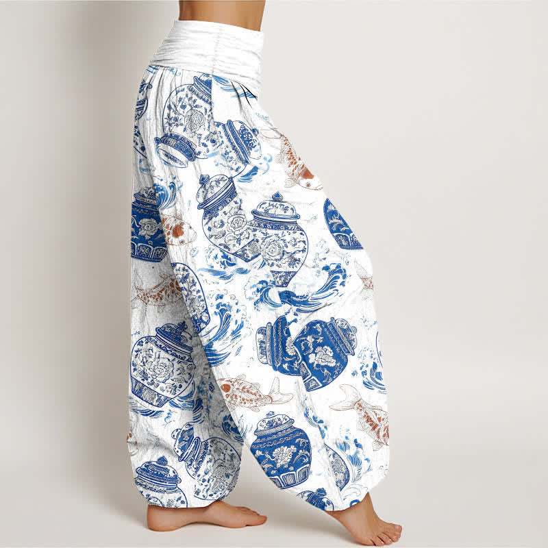 Buddha Stones Cotton Blue White Bottle Floral and Koi Fish Pattern Women's Elastic Waist Harem Pants - image 2