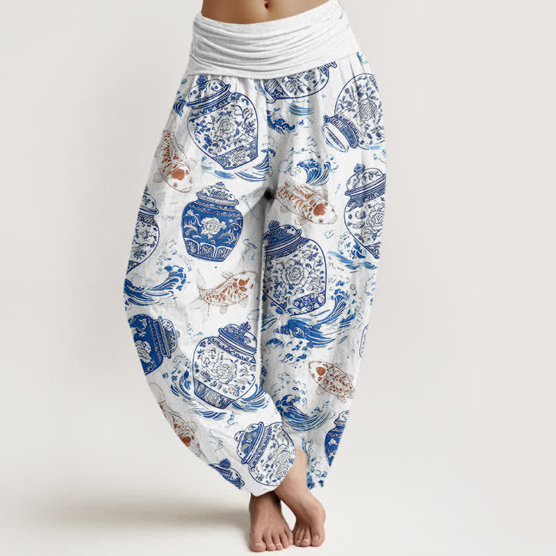 Buddha Stones Cotton Blue White Bottle Floral and Koi Fish Pattern Women's Elastic Waist Harem Pants - White - US16，UK/AU20，EU48 (3XL) - image 0