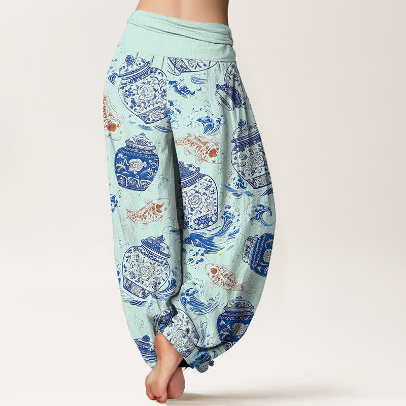 Buddha Stones Cotton Blue White Bottle Floral and Koi Fish Pattern Women's Elastic Waist Harem Pants - image 9