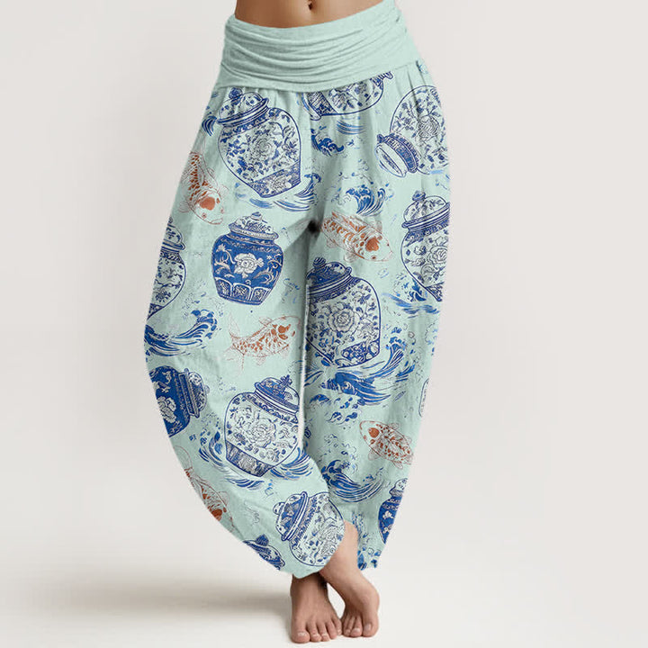 Buddha Stones Cotton Blue White Bottle Floral and Koi Fish Pattern Women's Elastic Waist Harem Pants - LightCyan - US16，UK/AU20，EU48 (3XL) - image 8