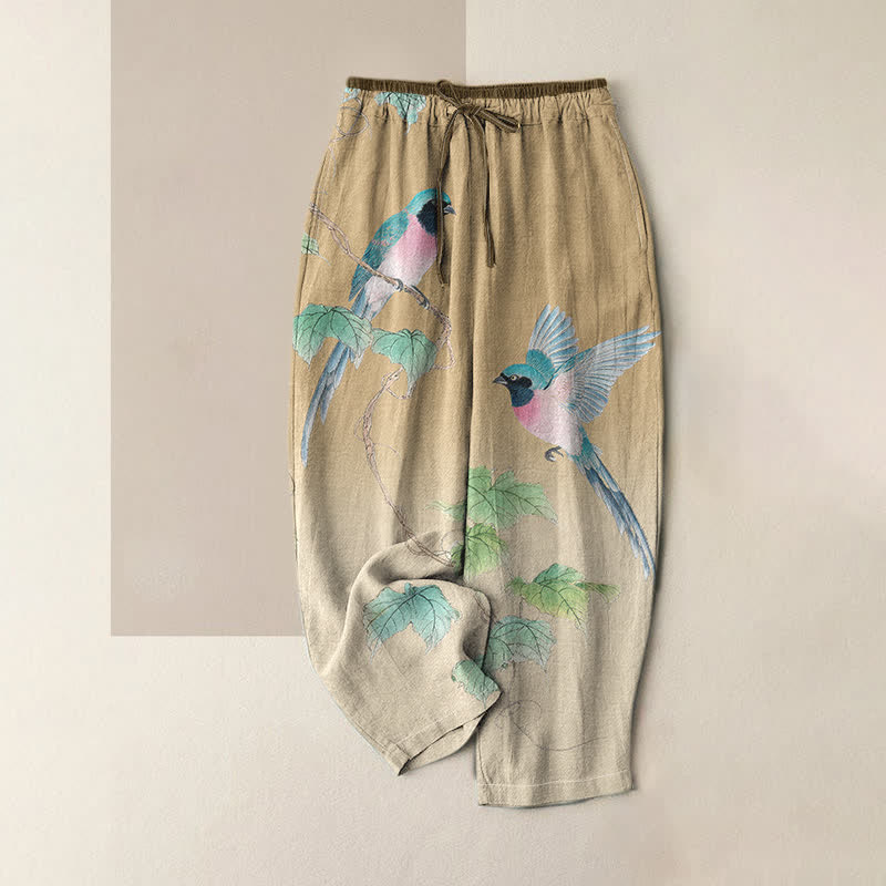 Buddha Stones Pure Cotton Elegant Bird Branch Pattern Women's Elastic Waist Pants With Pockets - Tan - US16，UK/AU20，EU48 (3XL) - image 3