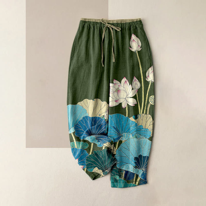 Buddha Stones Pure Cotton Serene Lotus Bloom Pattern Women's Elastic Waist Pants With Pockets - DarkOliveGreen - US16，UK/AU20，EU48 (3XL) - image 4