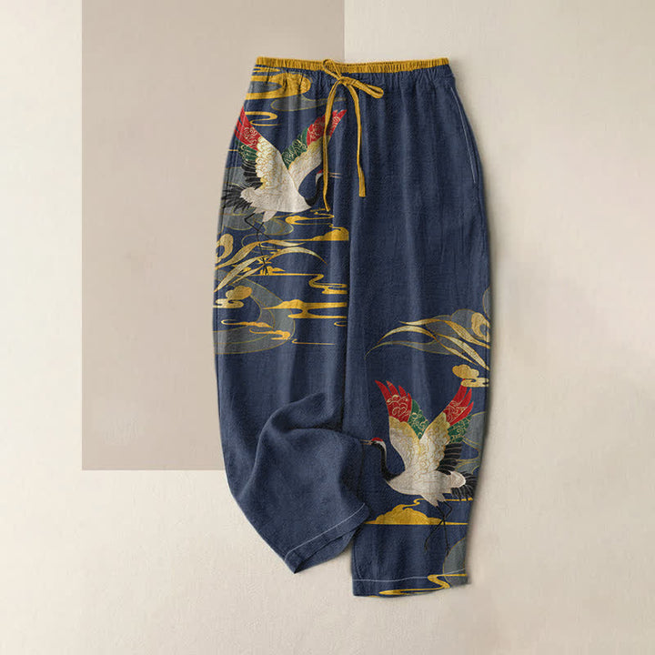Buddha Stones Pure Cotton Crane And Cloud Pattern Women's Elastic Waist Pants With Pockets - Navy - US16，UK/AU20，EU48 (3XL) - image 4