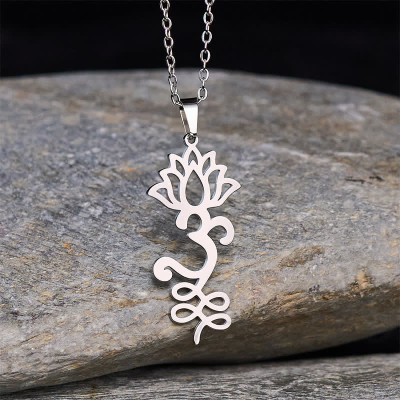 Buddha Stones Titanium Steel Openwork Lotus Pendant Protection Necklace - Silver - image 0