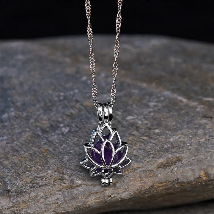 Buddha Stones Amethyst Titanium Steel Cutout Lotus Pendant Balance Necklace - image 2