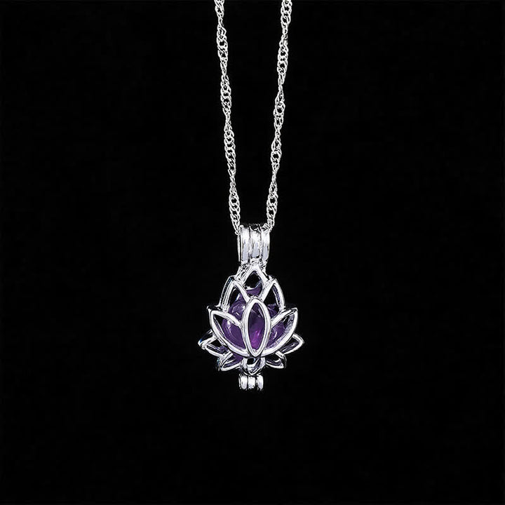 Buddha Stones Amethyst Titanium Steel Cutout Lotus Pendant Balance Necklace - image 1