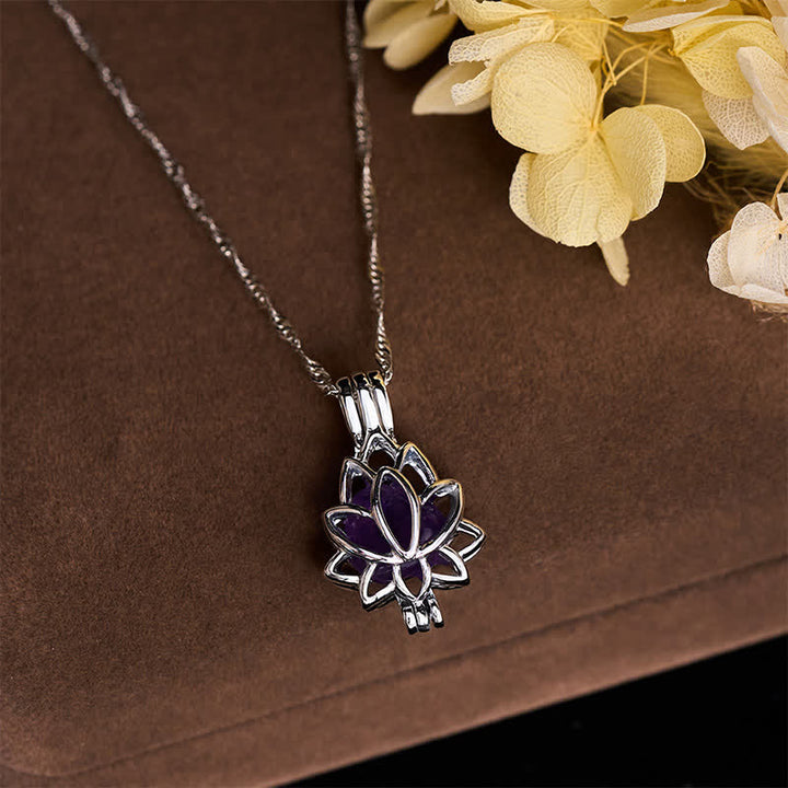 Buddha Stones Amethyst Titanium Steel Cutout Lotus Pendant Balance Necklace - image 3