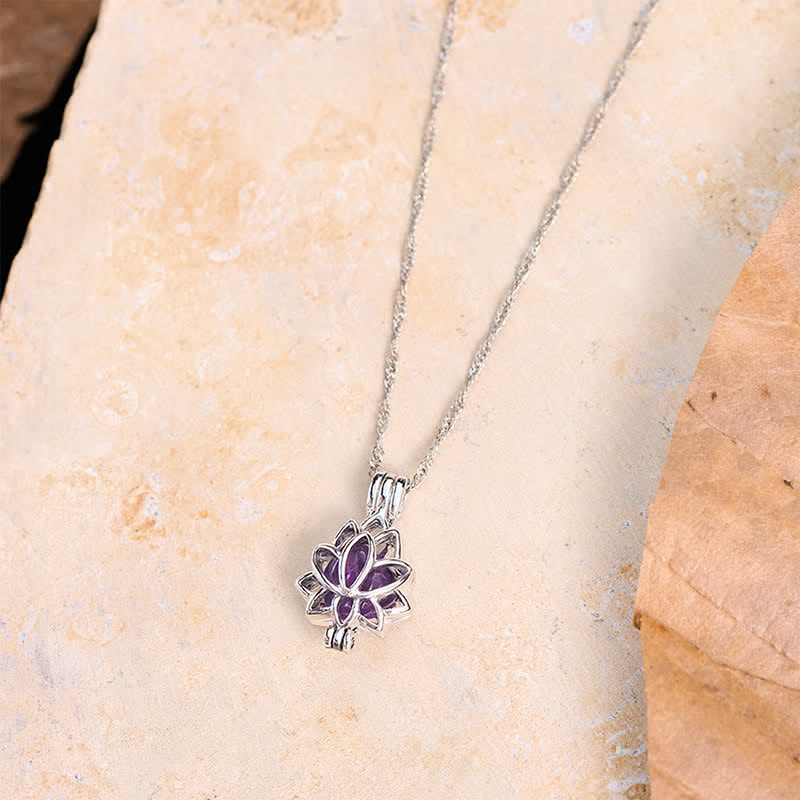 Buddha Stones Amethyst Titanium Steel Cutout Lotus Pendant Balance Necklace - image 4