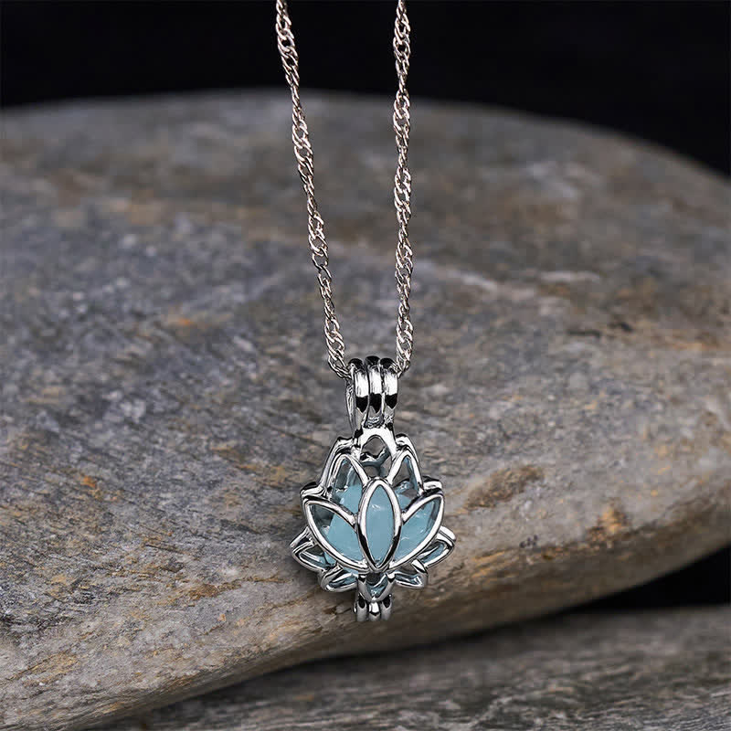 Buddha Stones Aquamarine Titanium Steel Lotus Peace Pendant Necklace - image 2