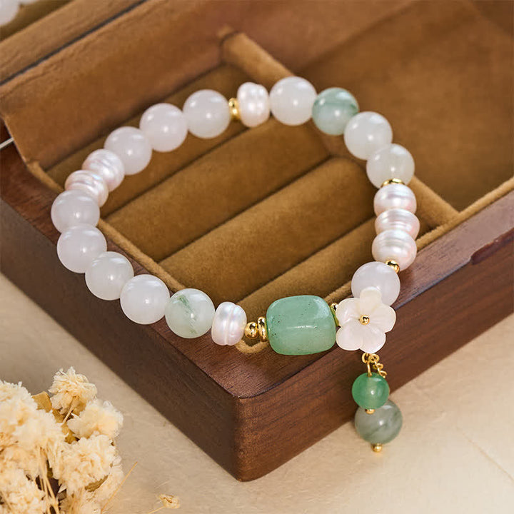 Buddha Stones Freshwater Pearl Green Agate Flower Charm Purity Elastic Bracelet - image 3