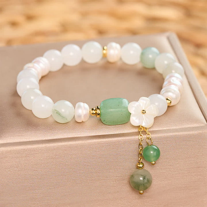 Buddha Stones Freshwater Pearl Green Agate Flower Charm Purity Elastic Bracelet - image 4