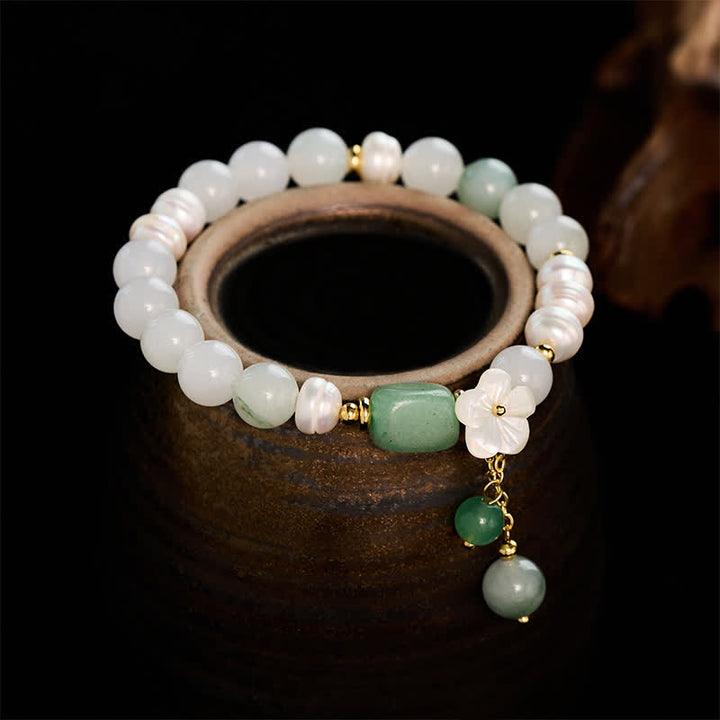 Buddha Stones Freshwater Pearl Green Agate Flower Charm Purity Elastic Bracelet - Pearl(Healing ♥ Wisdom) - image 0
