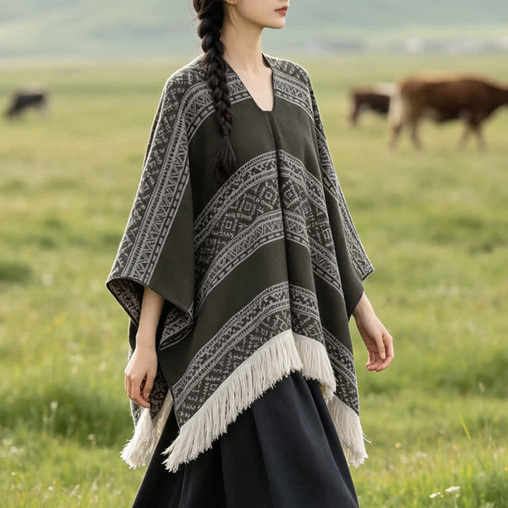 Buddha Stones Fall Winter Boho Geometric Stripe Tassel Women's Shawl - image 6