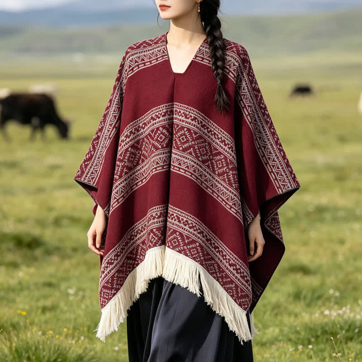 Buddha Stones Fall Winter Boho Geometric Stripe Tassel Women's Shawl - Red - 150*136 - image 17