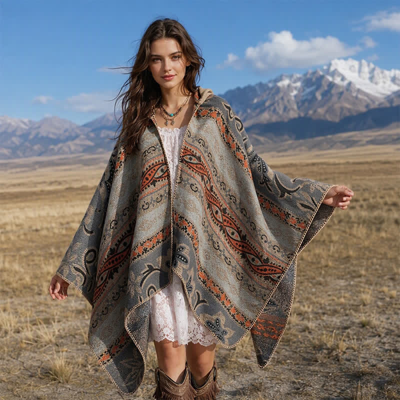 Buddha Stones Fall Winter Hooded Paisley Geometric Boho Women's Shawl - Tan - 135*150CM - image 15