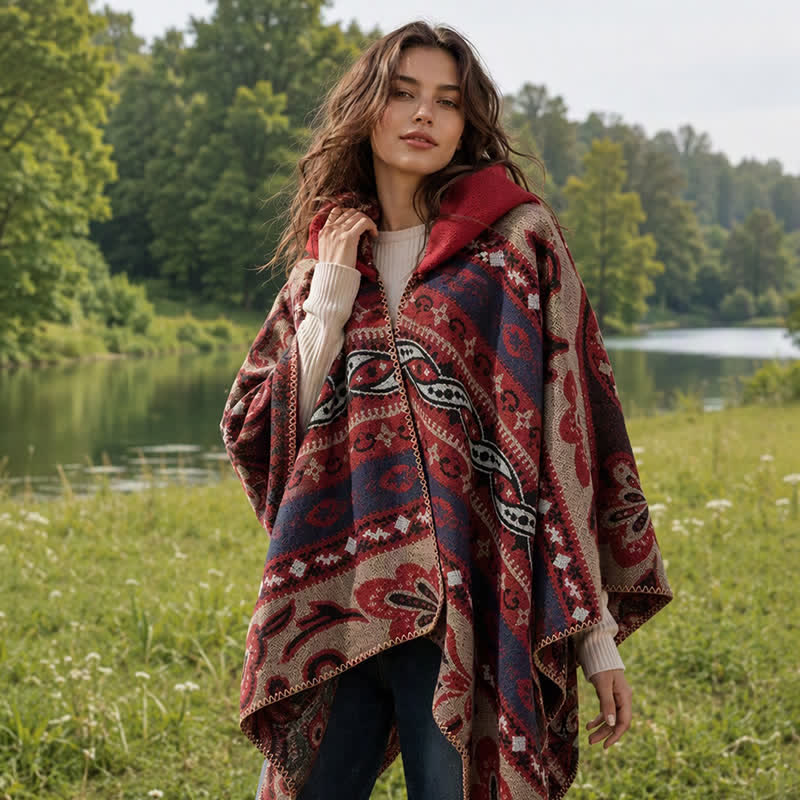 Buddha Stones Fall Winter Hooded Paisley Geometric Boho Women's Shawl - image 23