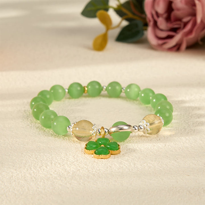 Buddha Stones Cat's Eye Citrine Beads Cyan Jade Four-leaf Clover Support Bracelet - image 3