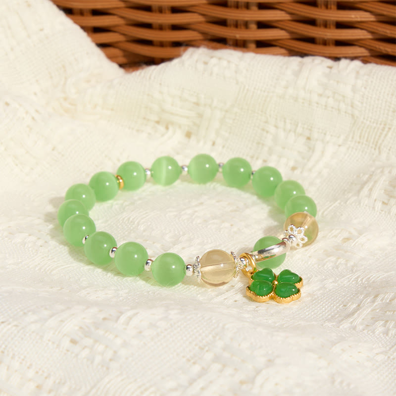 Buddha Stones Cat's Eye Citrine Beads Cyan Jade Four-leaf Clover Support Bracelet - image 7