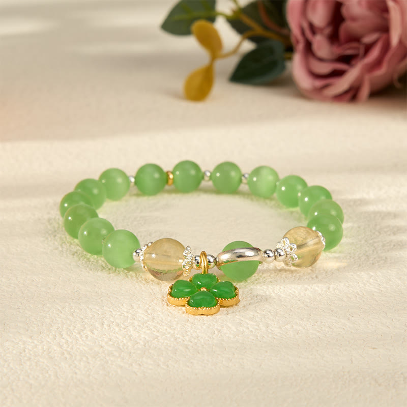 Buddha Stones Cat's Eye Citrine Beads Cyan Jade Four-leaf Clover Support Bracelet - image 2