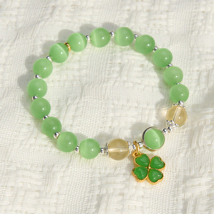 Buddha Stones Cat's Eye Citrine Beads Cyan Jade Four-leaf Clover Support Bracelet - image 4
