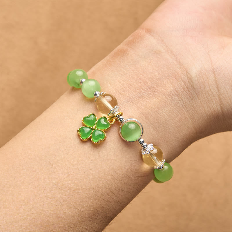 Buddha Stones Cat's Eye Citrine Beads Cyan Jade Four-leaf Clover Support Bracelet - image 9