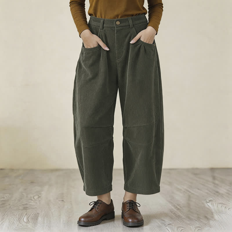 Buddha Stones Fall Vintage Casual Button-Up Zipper Design Solid Corduroy Ankle Pants Women's Harem Pants With Pockets - DarkOliveGreen - US8-10, UK/AU12-14, EU40-42 (2XL) - image 0
