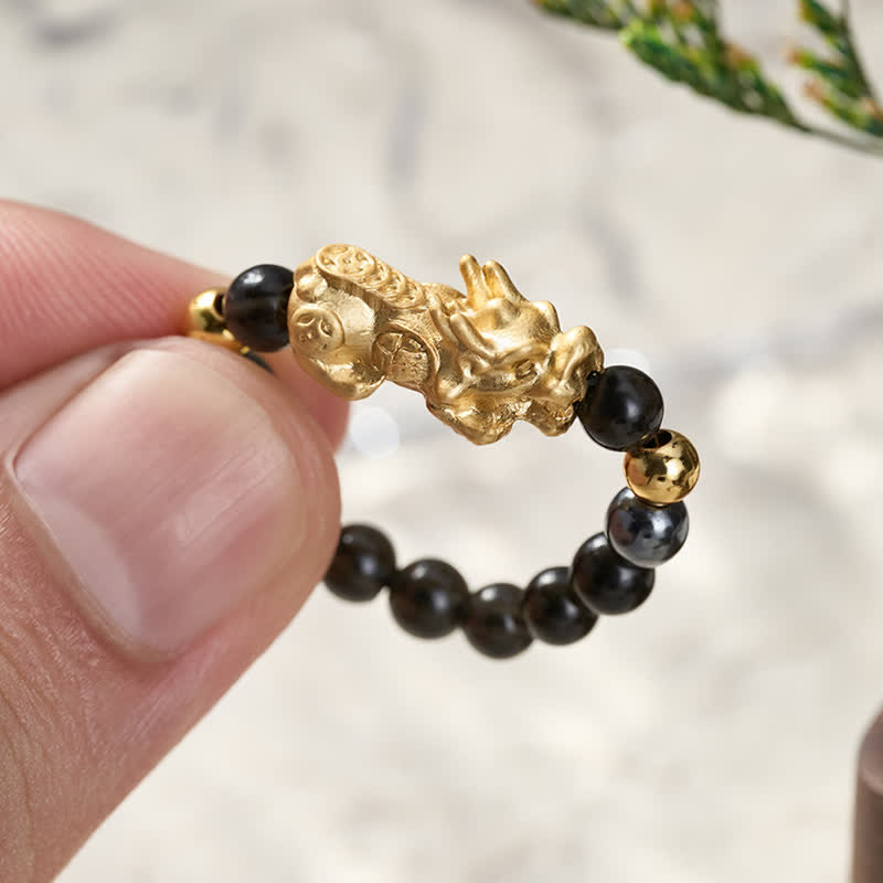 Buddha Stones Black Obsidian Pyrite Hematite Copper Pi Xiu Mini Stretch Beaded Ring for Wealth and Energy - image 18