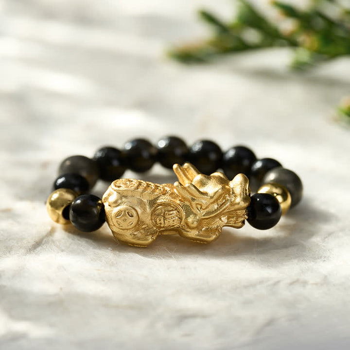 Buddha Stones Black Obsidian Pyrite Hematite Copper Pi Xiu Mini Stretch Beaded Ring for Wealth and Energy - image 1